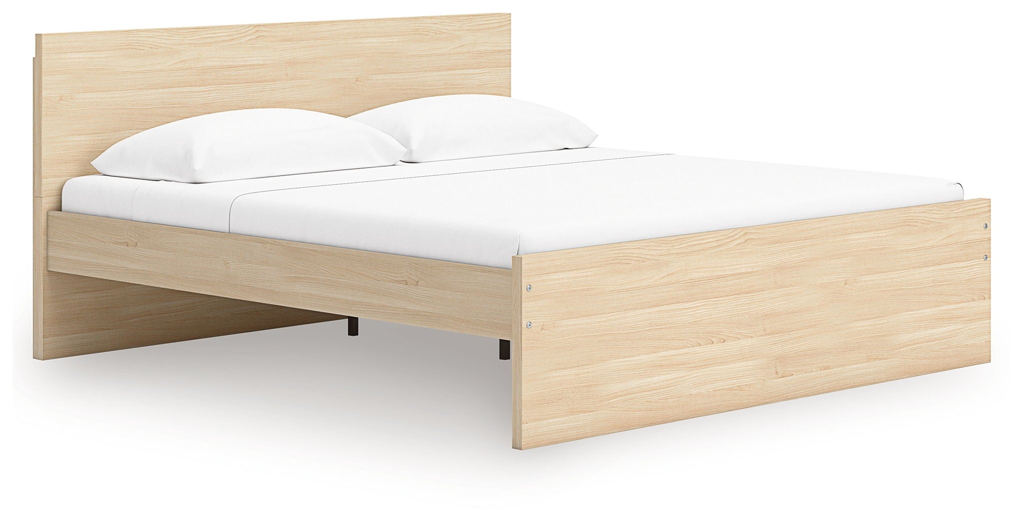 Light brown panel platform bed with slatted support and two side openings