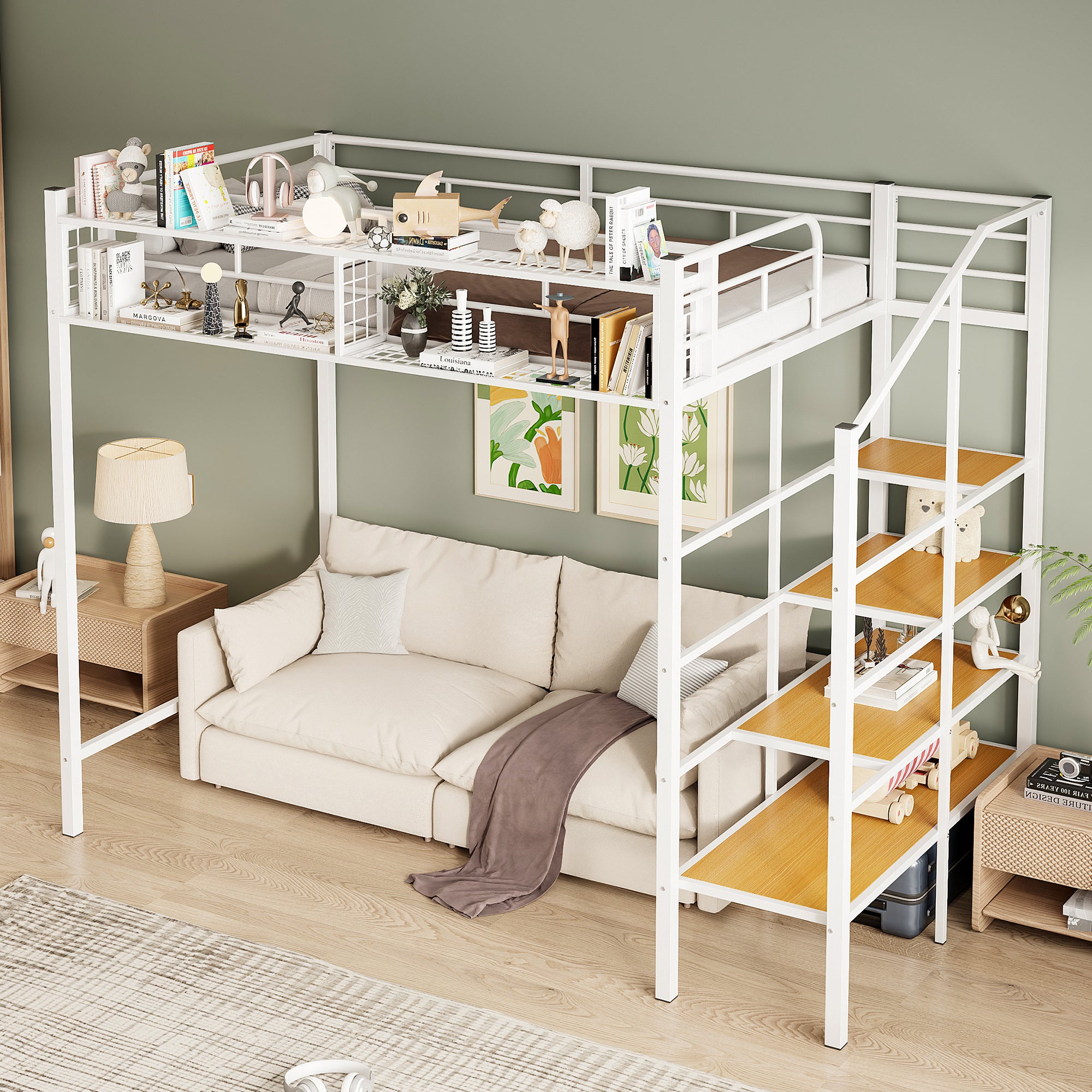 Twin Metal Loft Bed with Storage Shelf & Lateral Ladder, White