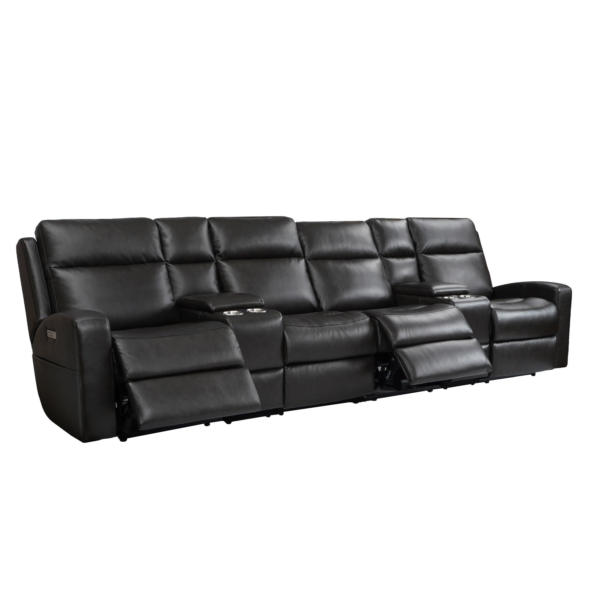 Caleb Triple Power 4 Seats Sofa With 2 Console, Top Grain Leather, Lumbar Support, Adjustable Headrest, Storage Side Pocket, USB & Type C Charger Port, All Seats With Power