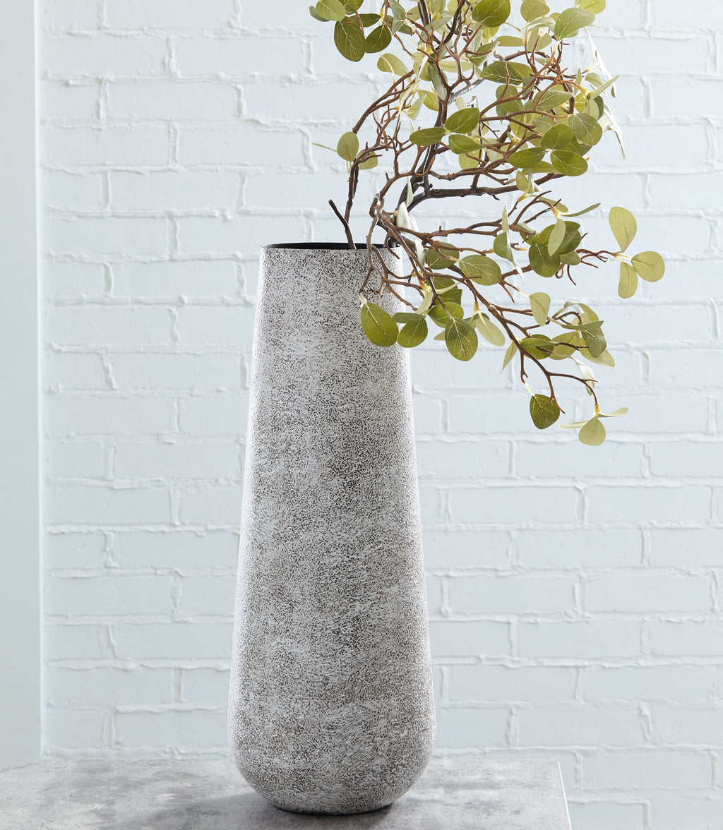 Tall ceramic vase in light gray with speckled texture, wide rounded rim and base.