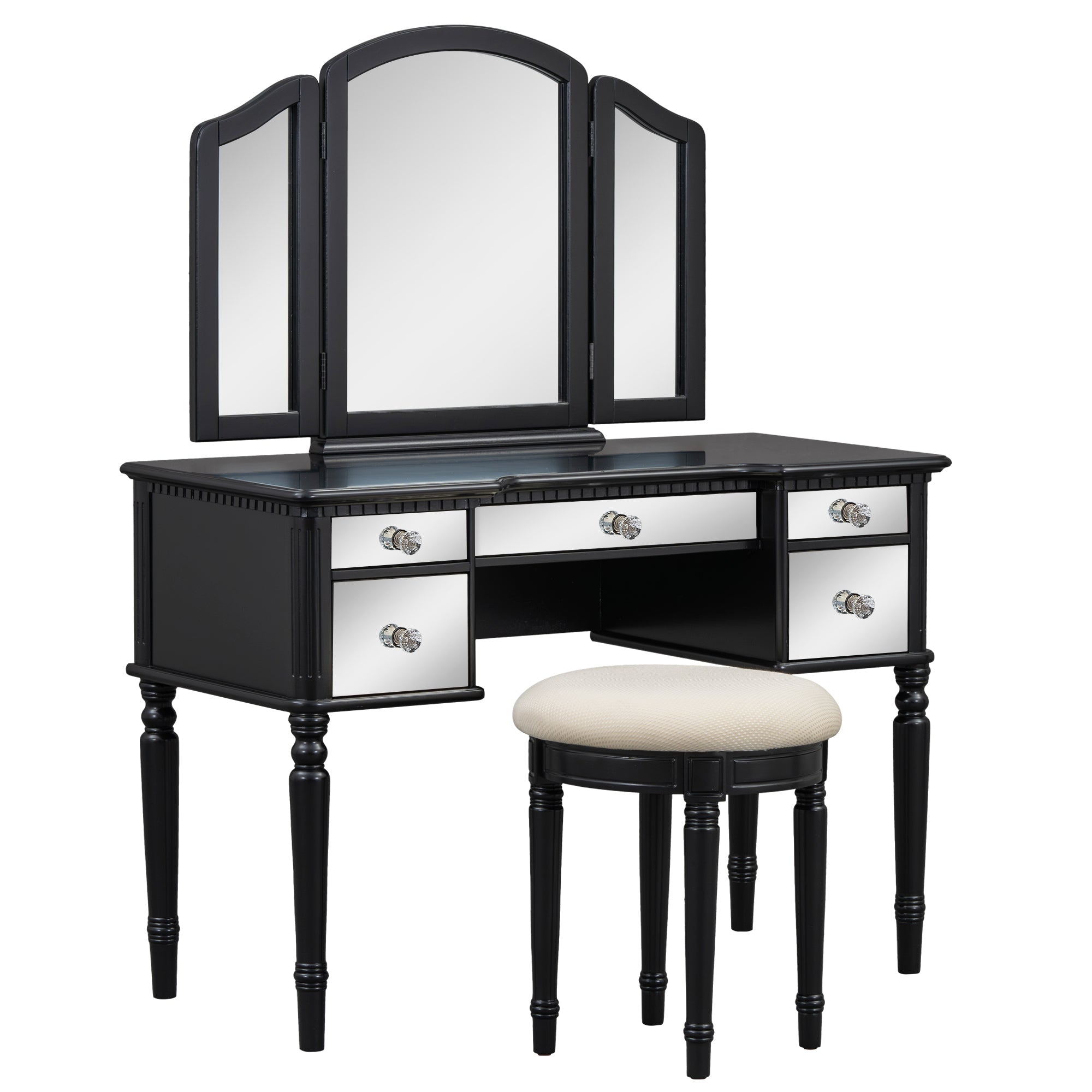 43" Black Vanity Set | Mirrored Dresser & Stool-American Furniture Outlet