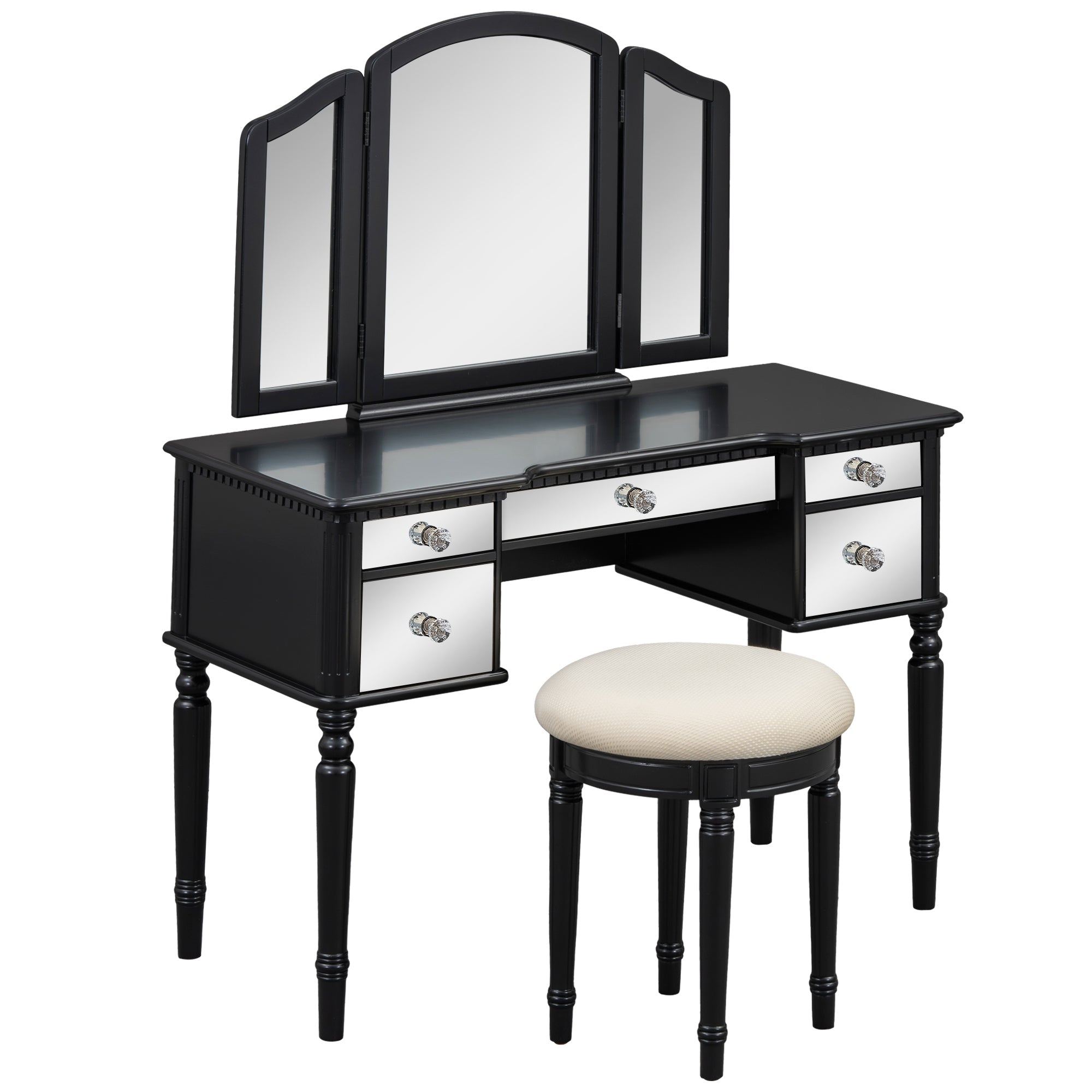 43" Black Vanity Set | Mirrored Dresser & Stool-American Furniture Outlet