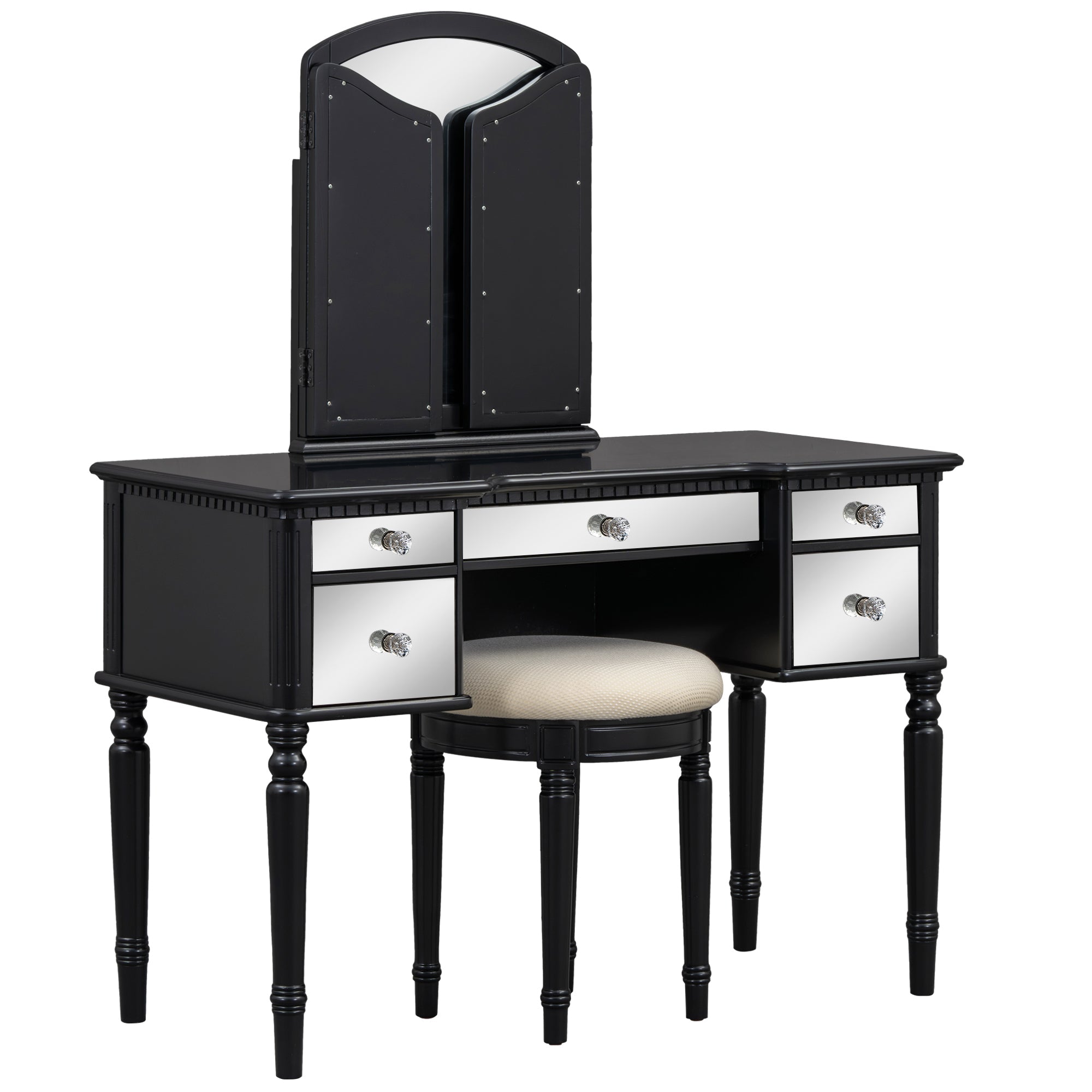 43" Black Vanity Set | Mirrored Dresser & Stool-American Furniture Outlet