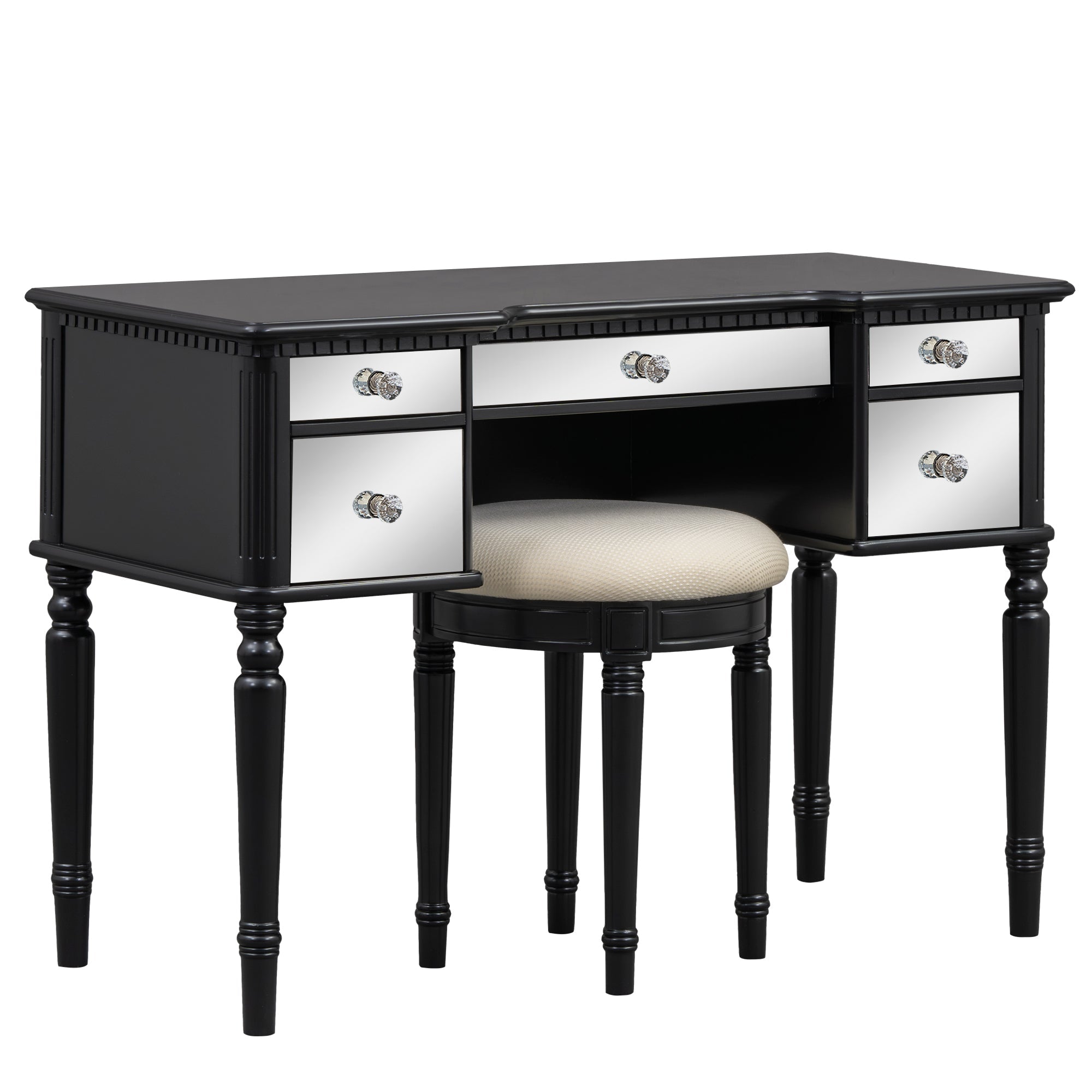 43" Black Vanity Set | Mirrored Dresser & Stool-American Furniture Outlet