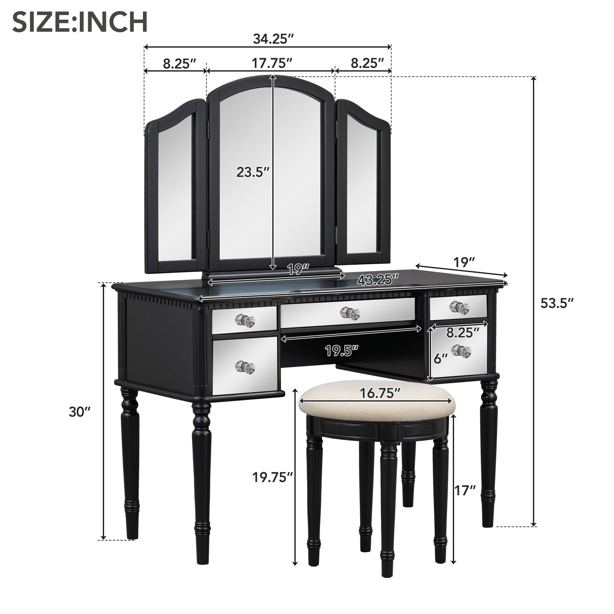 43" Black Vanity Set | Mirrored Dresser & Stool-American Furniture Outlet