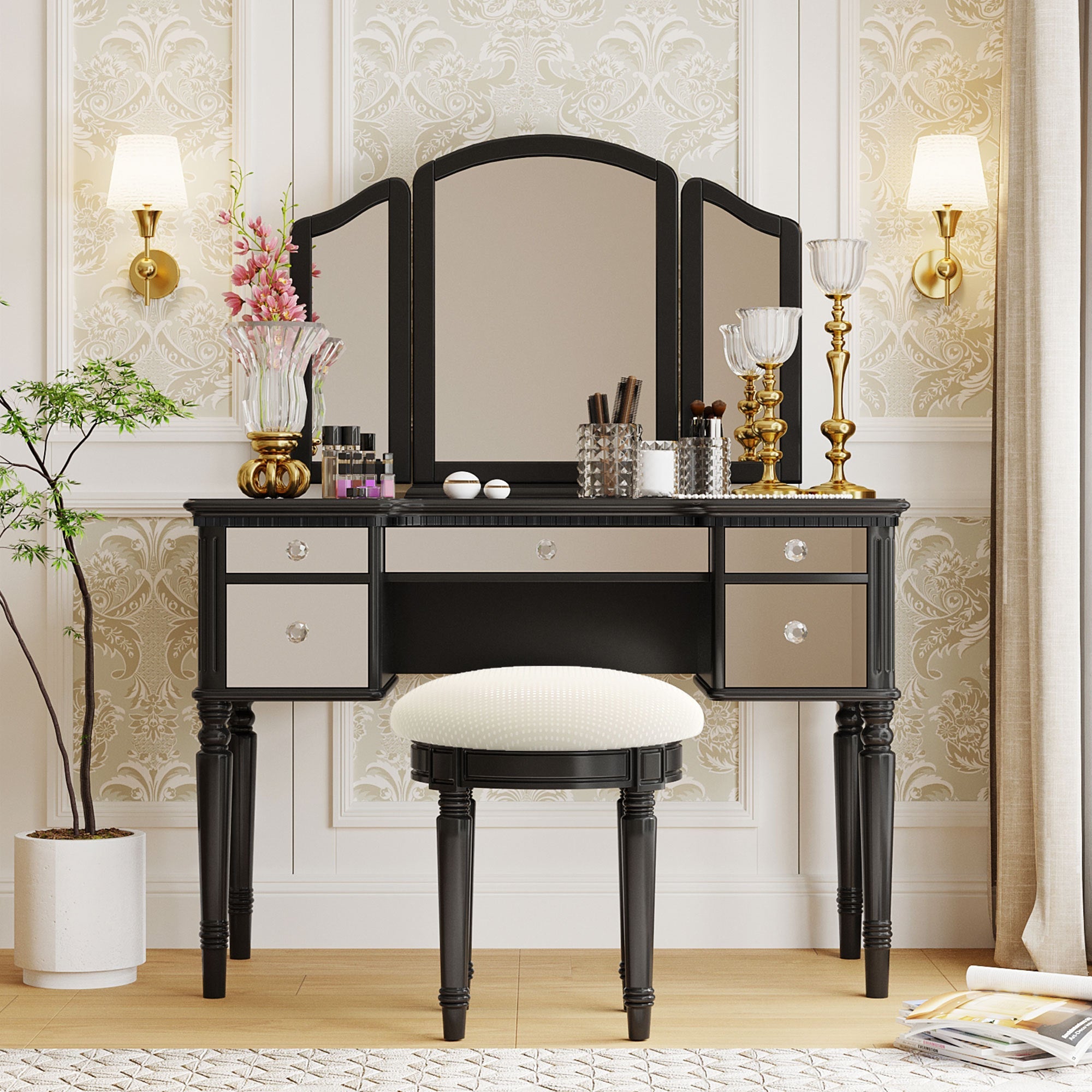 43" Black Vanity Set | Mirrored Dresser & Stool-American Furniture Outlet