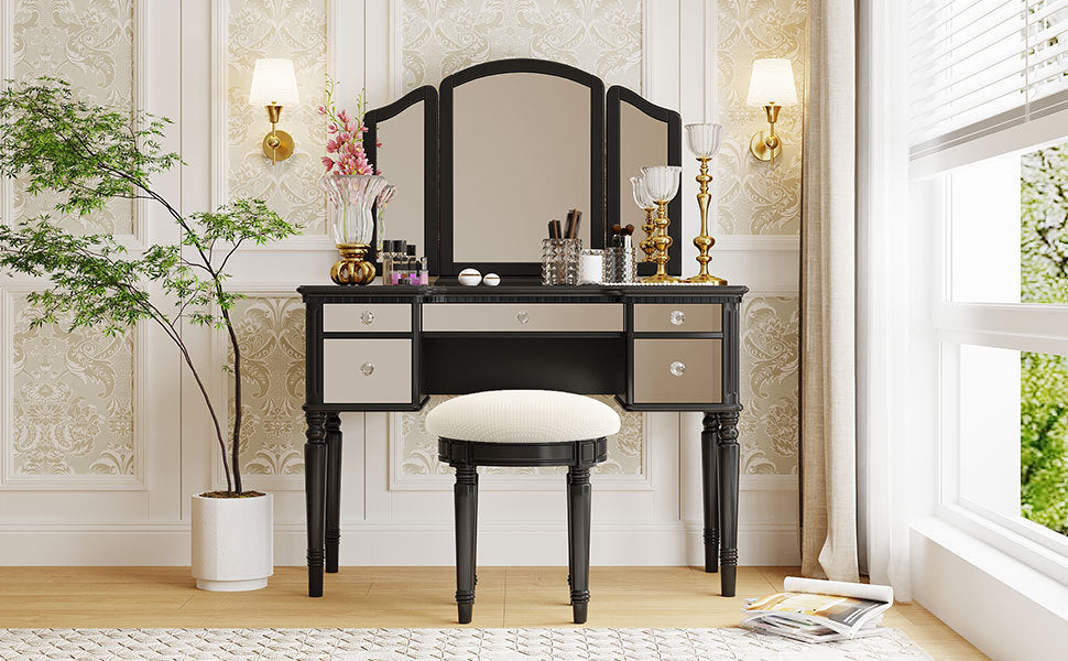 43" Black Vanity Set | Mirrored Dresser & Stool-American Furniture Outlet