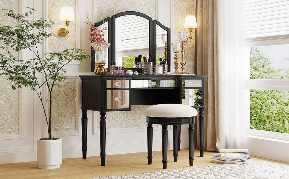 43" Black Vanity Set | Mirrored Dresser & Stool-American Furniture Outlet