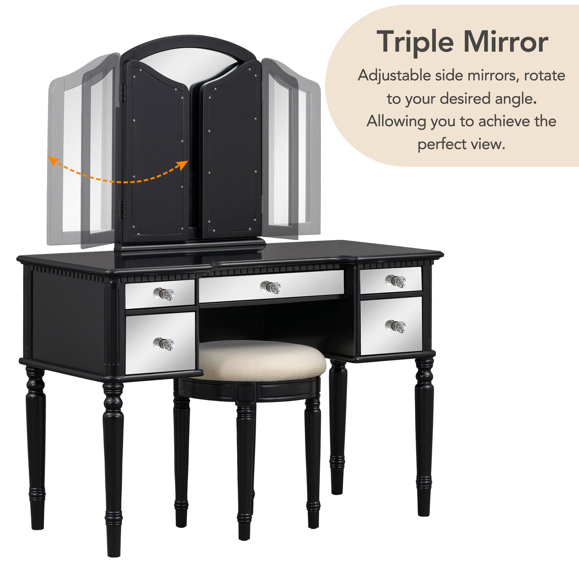 43" Black Vanity Set | Mirrored Dresser & Stool-American Furniture Outlet