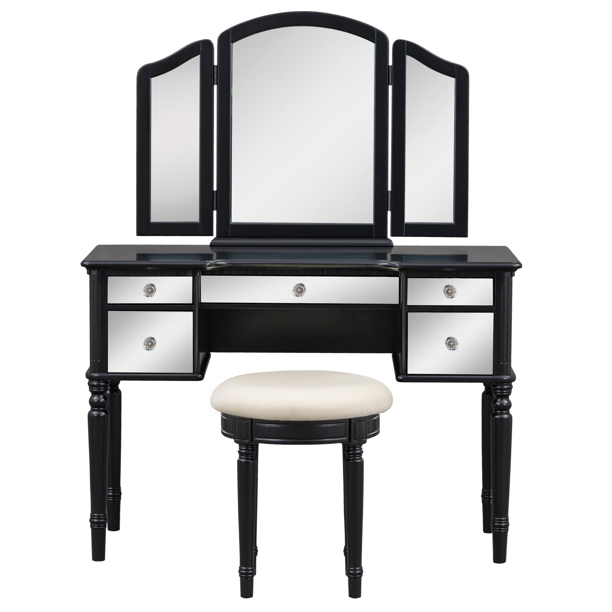 43" Black Vanity Set | Mirrored Dresser & Stool-American Furniture Outlet