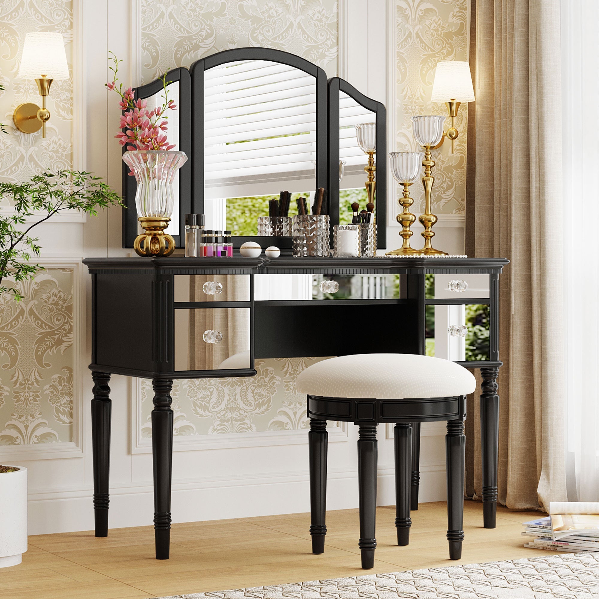 43" Black Vanity Set | Mirrored Dresser & Stool-American Furniture Outlet