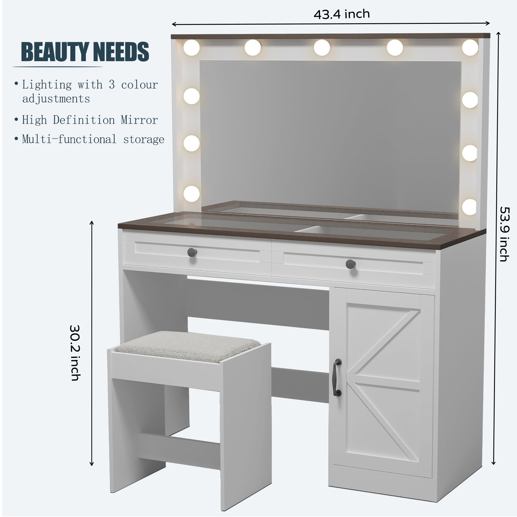 43" LED Makeup Vanity Table with Mirror & Drawers-American Furniture Outlet