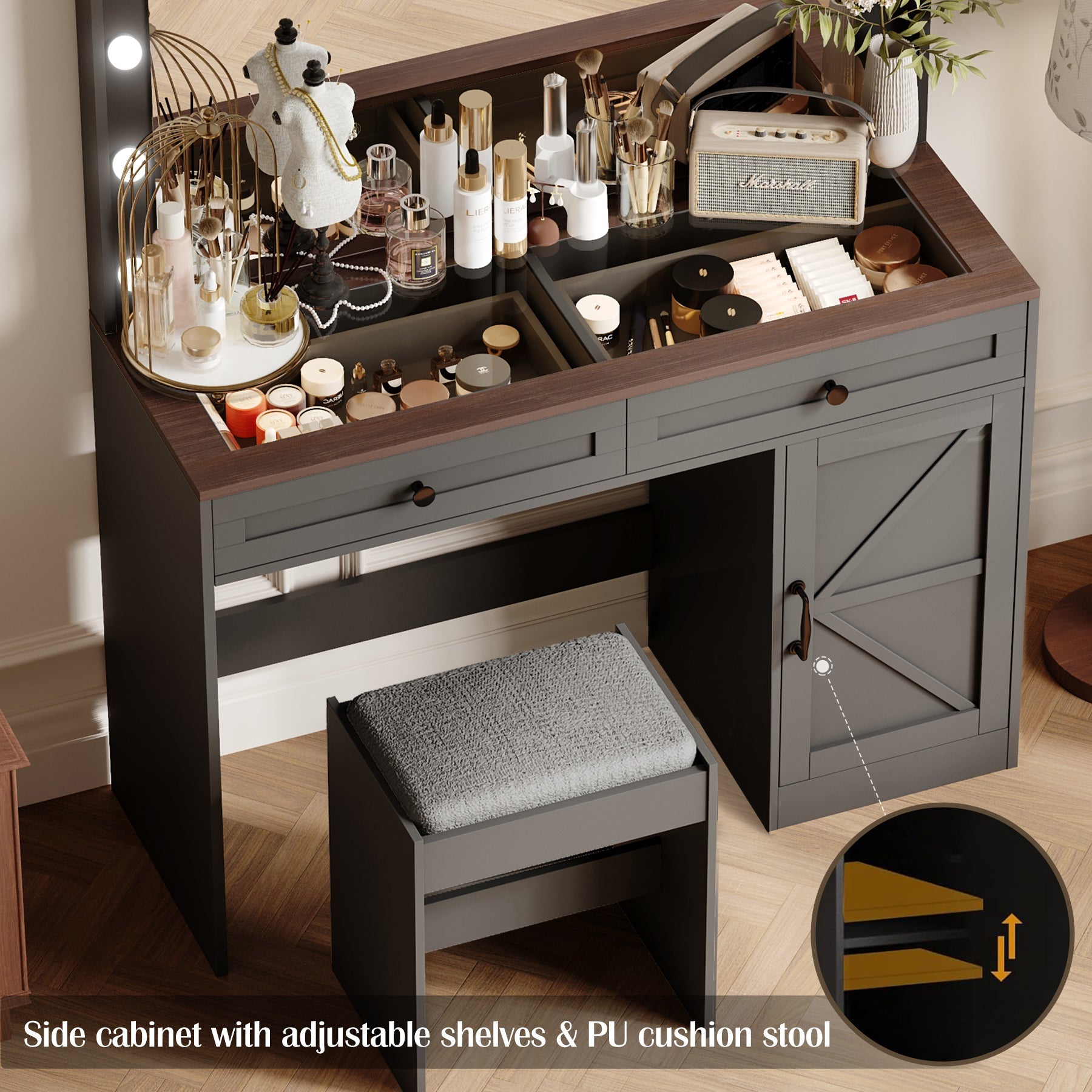 43" Makeup Vanity w/ Mirror & Lights (Black)-American Furniture Outlet