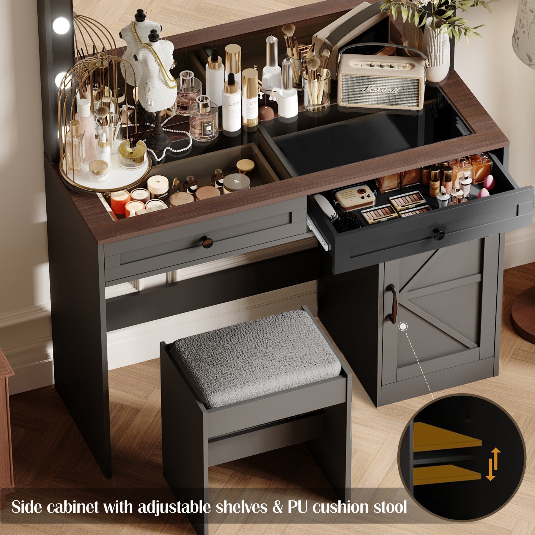 43" Makeup Vanity w/ Mirror & Lights (Black)-American Furniture Outlet