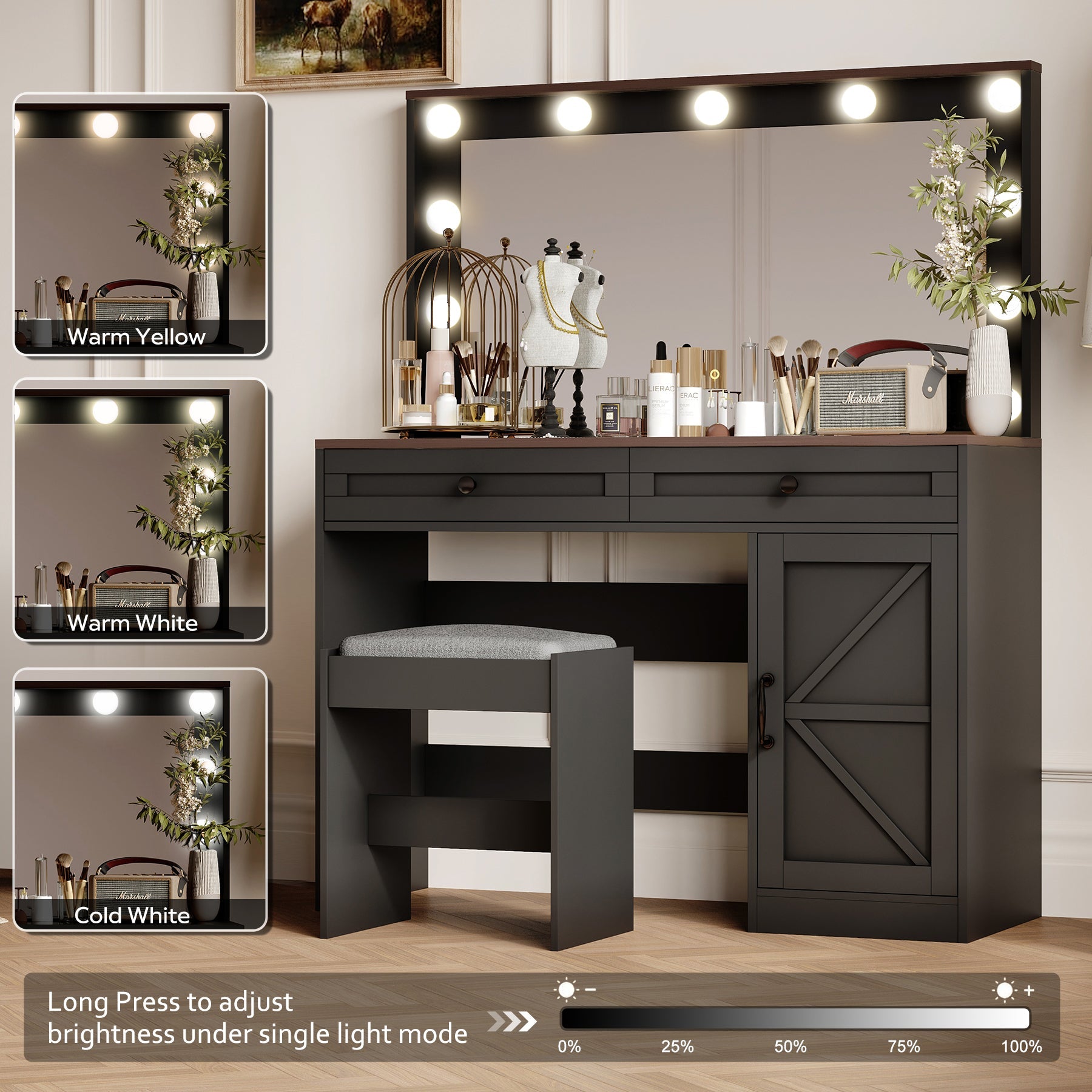 43" Makeup Vanity w/ Mirror & Lights (Black)-American Furniture Outlet