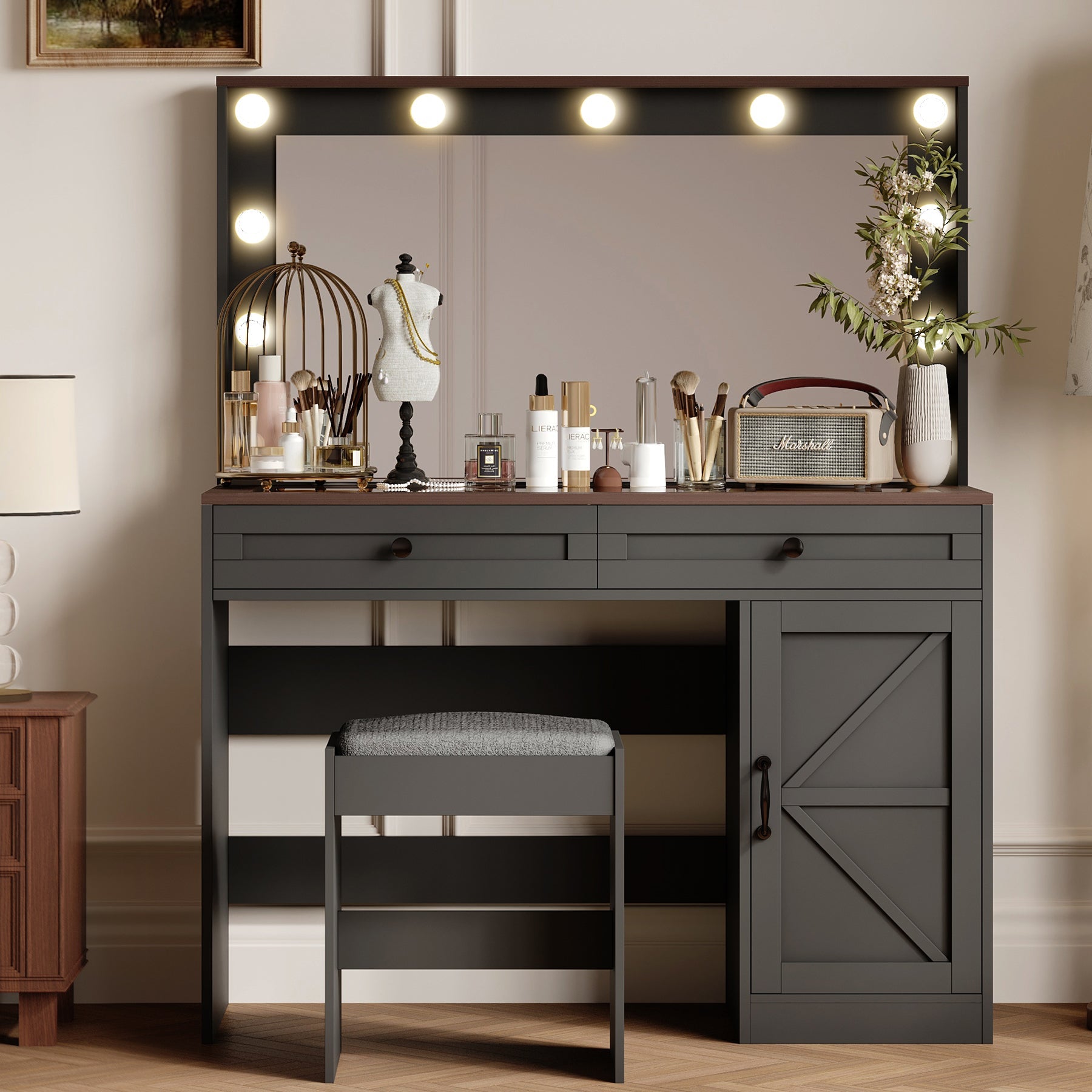 43" Makeup Vanity w/ Mirror & Lights (Black)-American Furniture Outlet