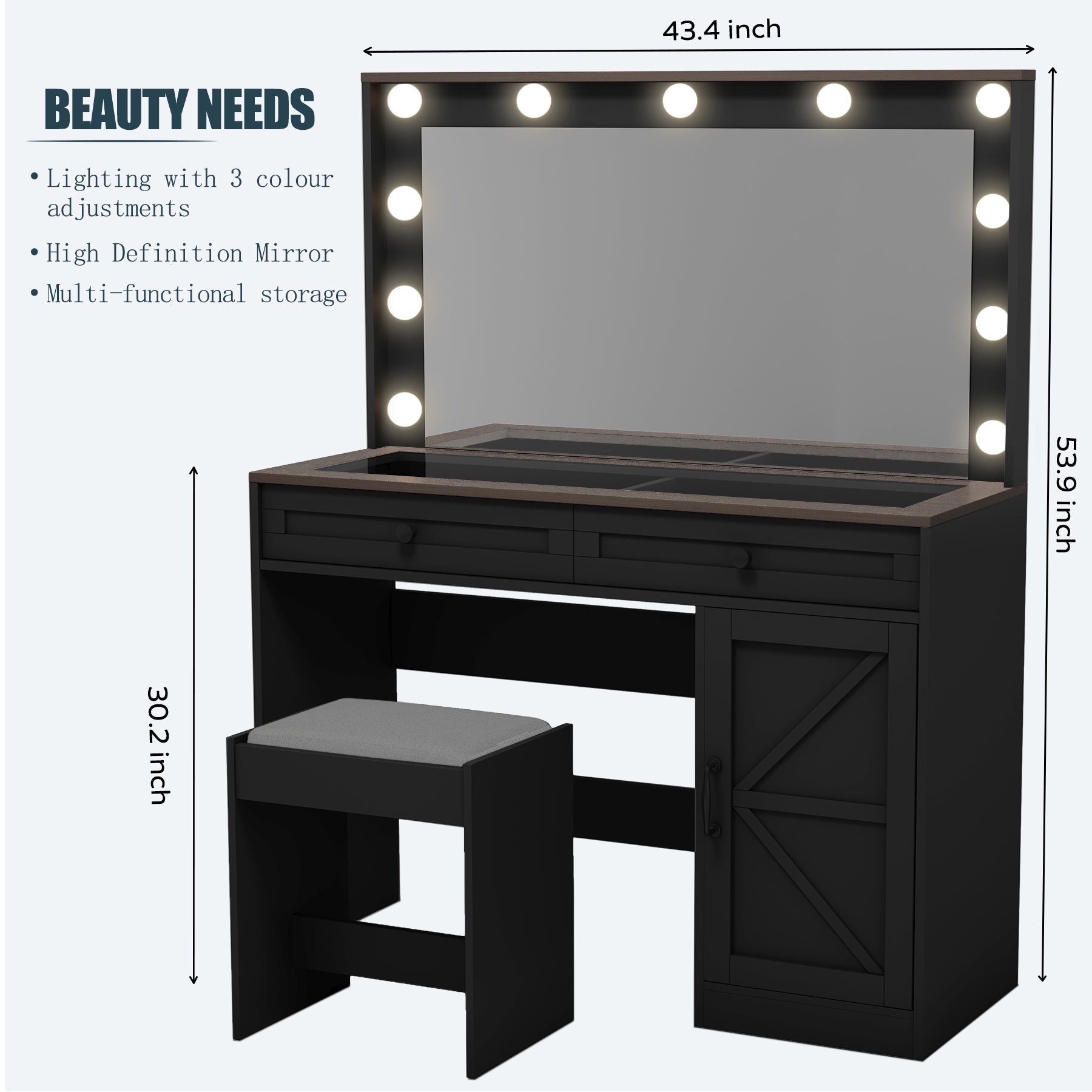 43" Makeup Vanity w/ Mirror & Lights (Black)-American Furniture Outlet