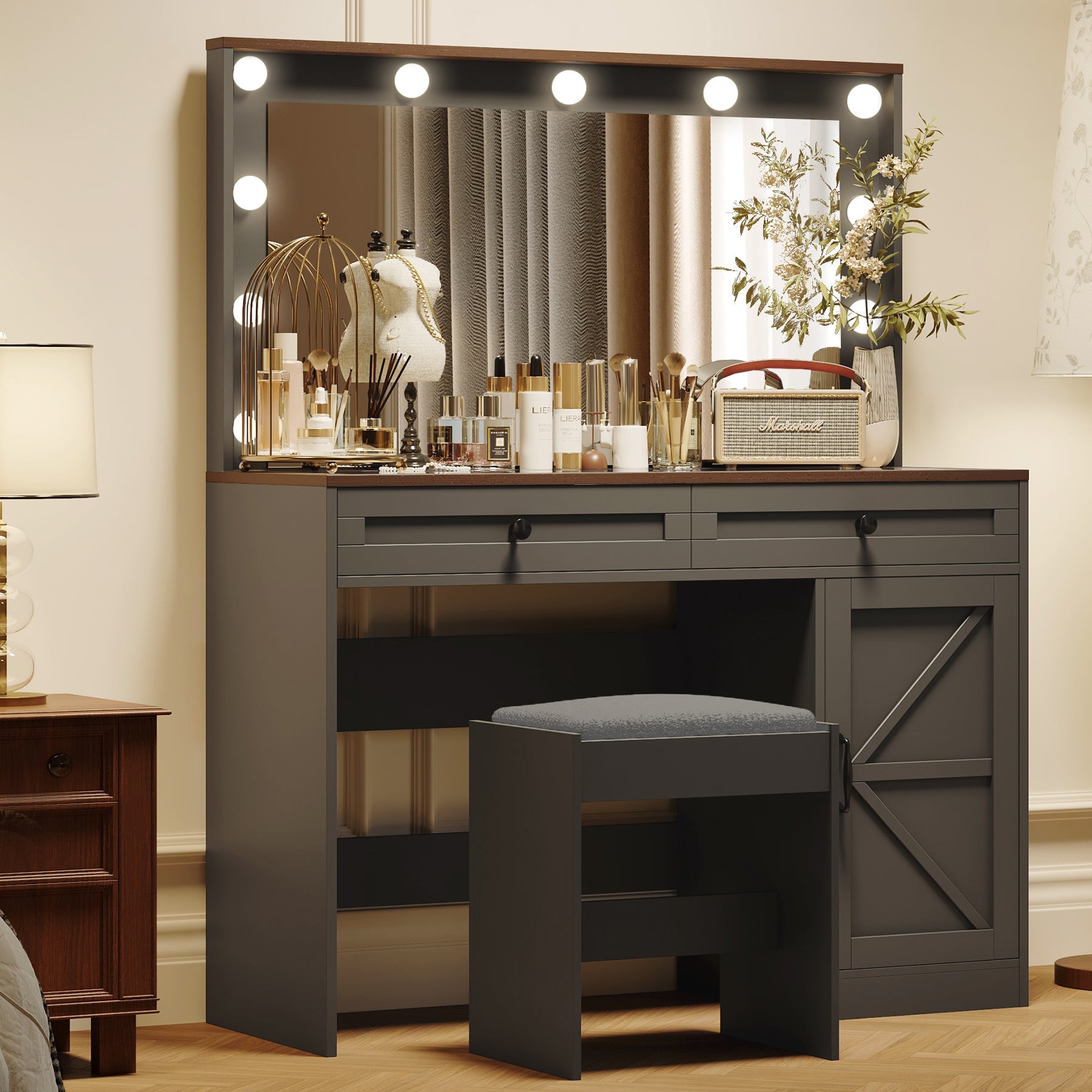 43" Makeup Vanity w/ Mirror & Lights (Black)-American Furniture Outlet