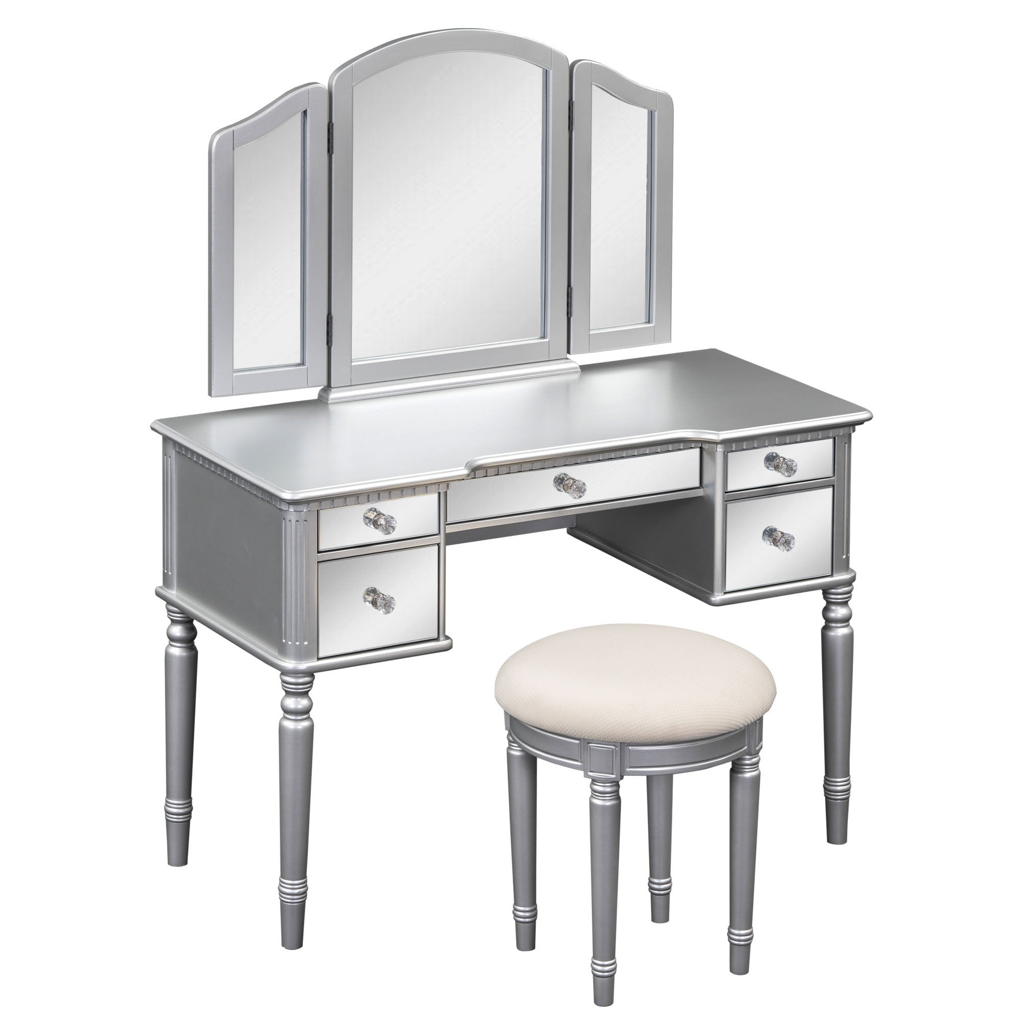 43" Vanity Set with Mirror, Stool | Silver Makeup Desk-American Furniture Outlet