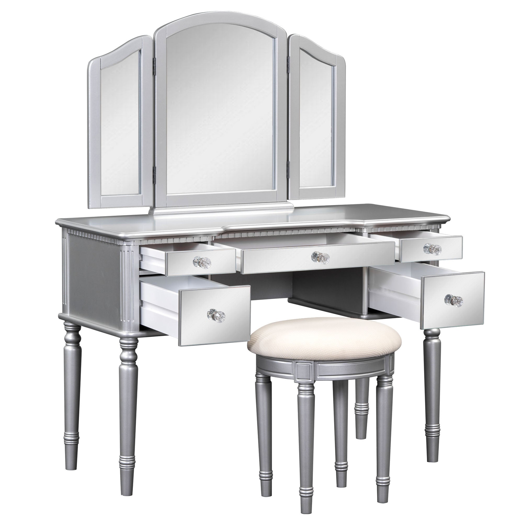 43" Vanity Set with Mirror, Stool | Silver Makeup Desk-American Furniture Outlet