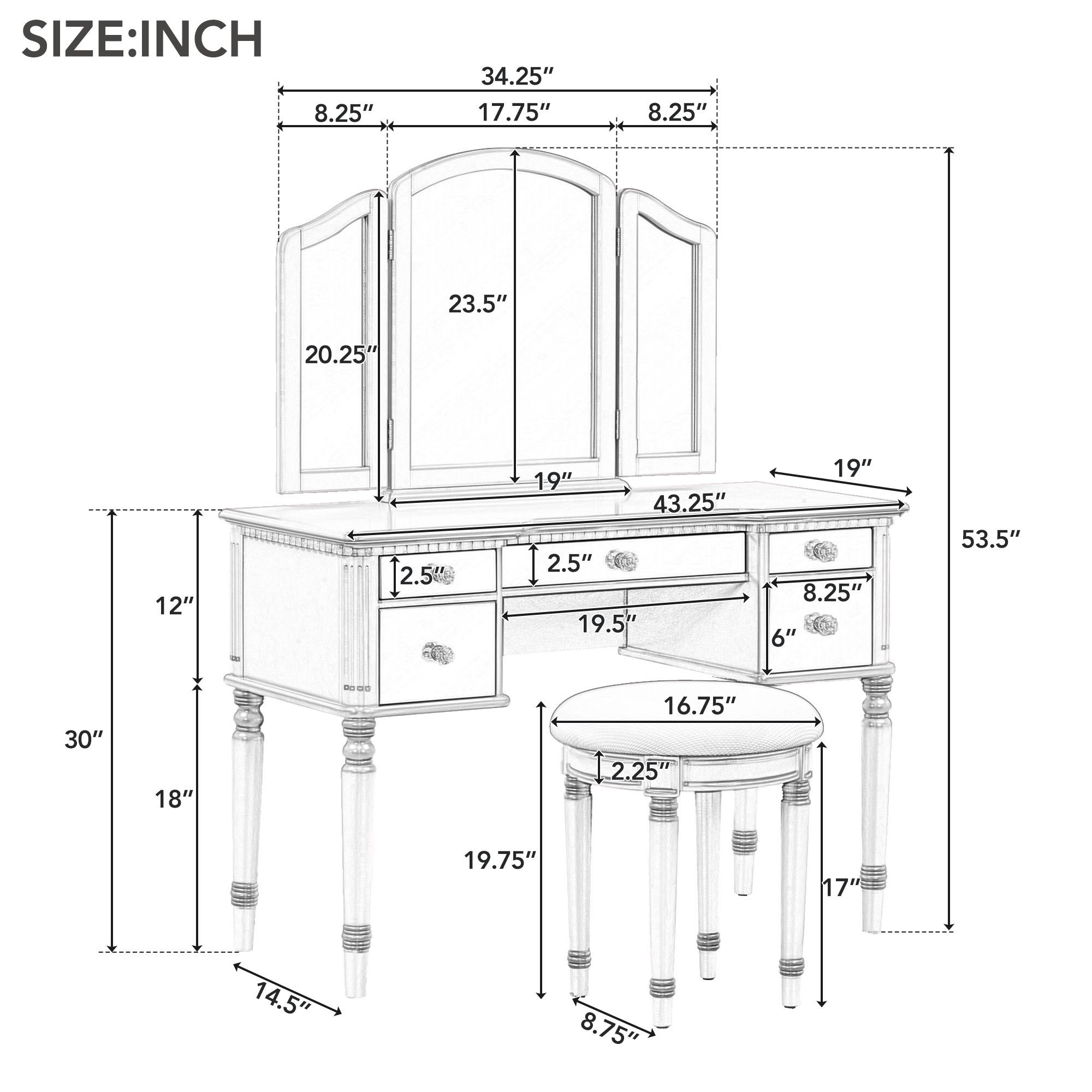 43" Vanity Set with Mirror, Stool | Silver Makeup Desk-American Furniture Outlet