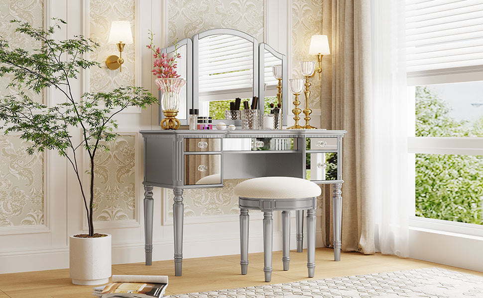 43" Vanity Set with Mirror, Stool | Silver Makeup Desk-American Furniture Outlet