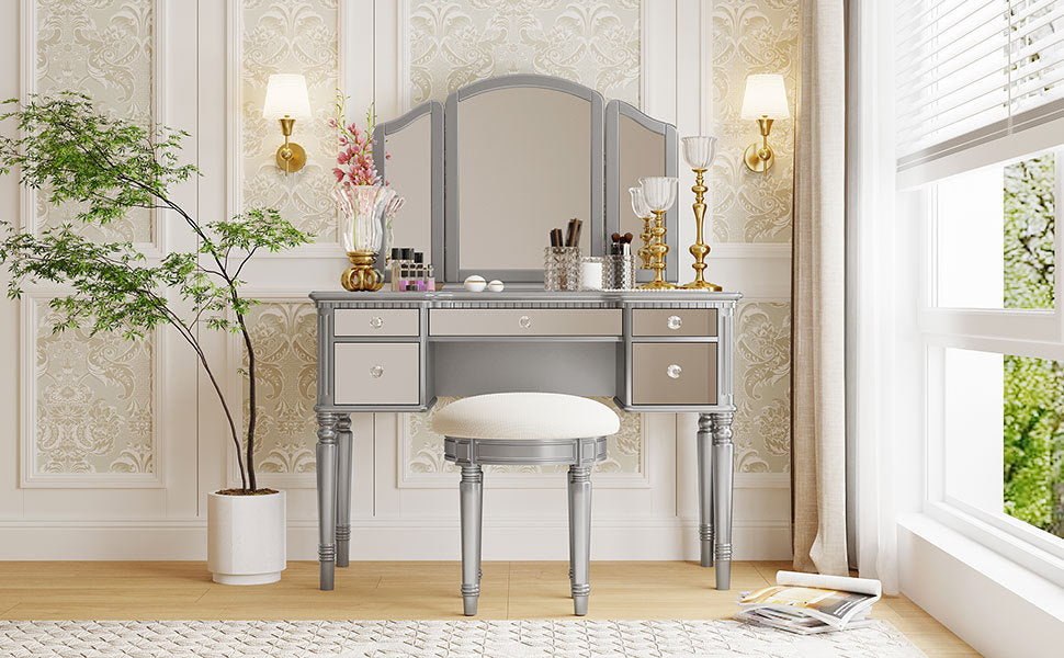 43" Vanity Set with Mirror, Stool | Silver Makeup Desk-American Furniture Outlet