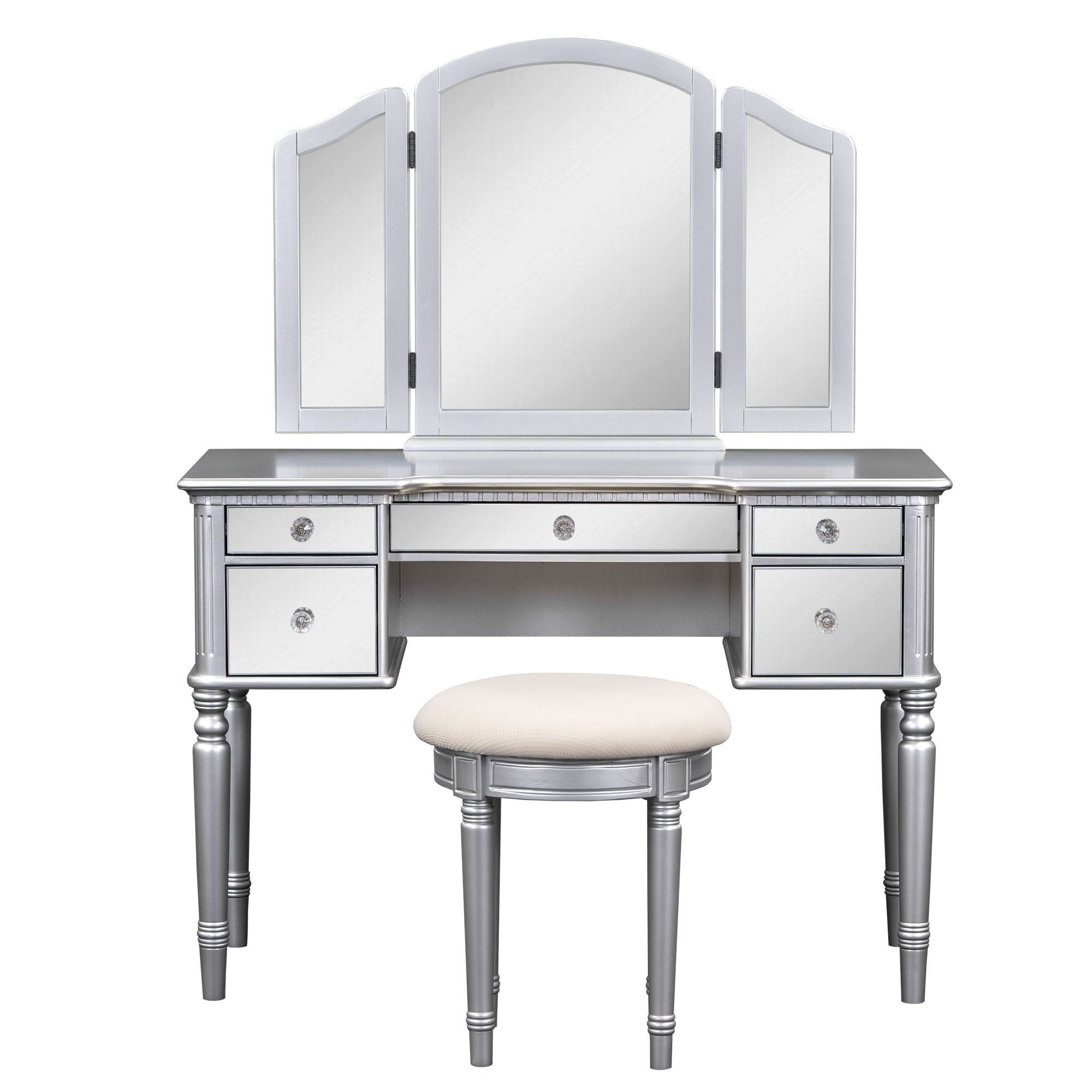 43" Vanity Set with Mirror, Stool | Silver Makeup Desk-American Furniture Outlet