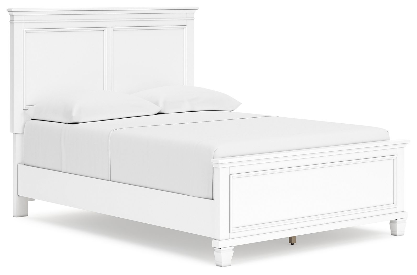 White panel bed with paneled headboard and drawer front detail along the side