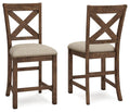 Beige upholstered counter barstool, dark wood X-back, round padded seat