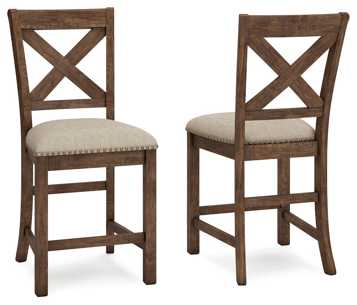 Beige upholstered counter barstool, dark wood X-back, round padded seat