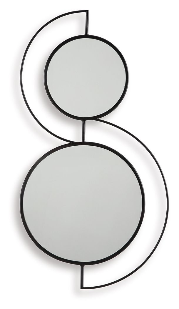 Black accent wall mirror with two stacked circular glass panels in linked metal frames