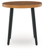 Horizon Hall two-tone round end table with light brown top and dark legs