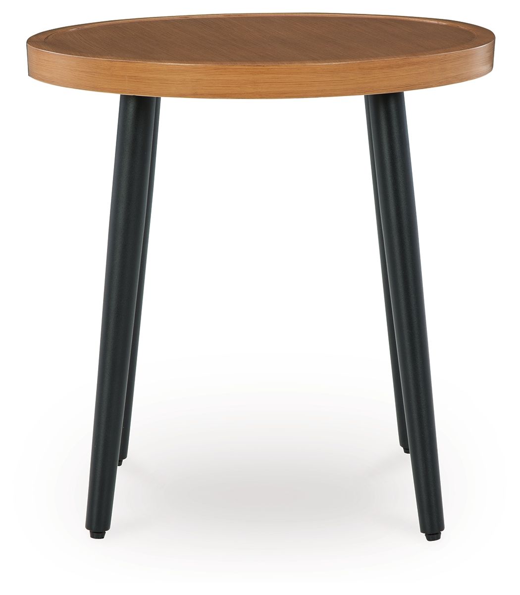 Horizon Hall two-tone round end table with light brown top and dark legs