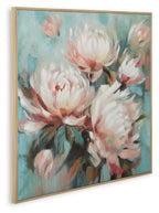 Framed floral wall art featuring layered white and pink blossoms on aqua teal