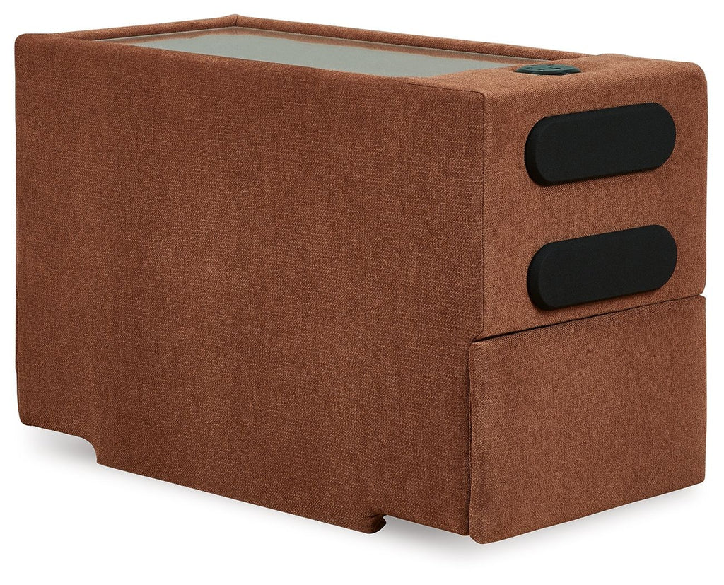 Modmax console with audio system, brown fabric side view with two speaker grilles