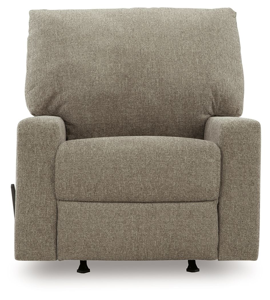 Hemp-toned fabric recliner with high backrest and thick seat cushion