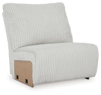 Armless accent chair with ribbed light gray fabric and thick back cushion