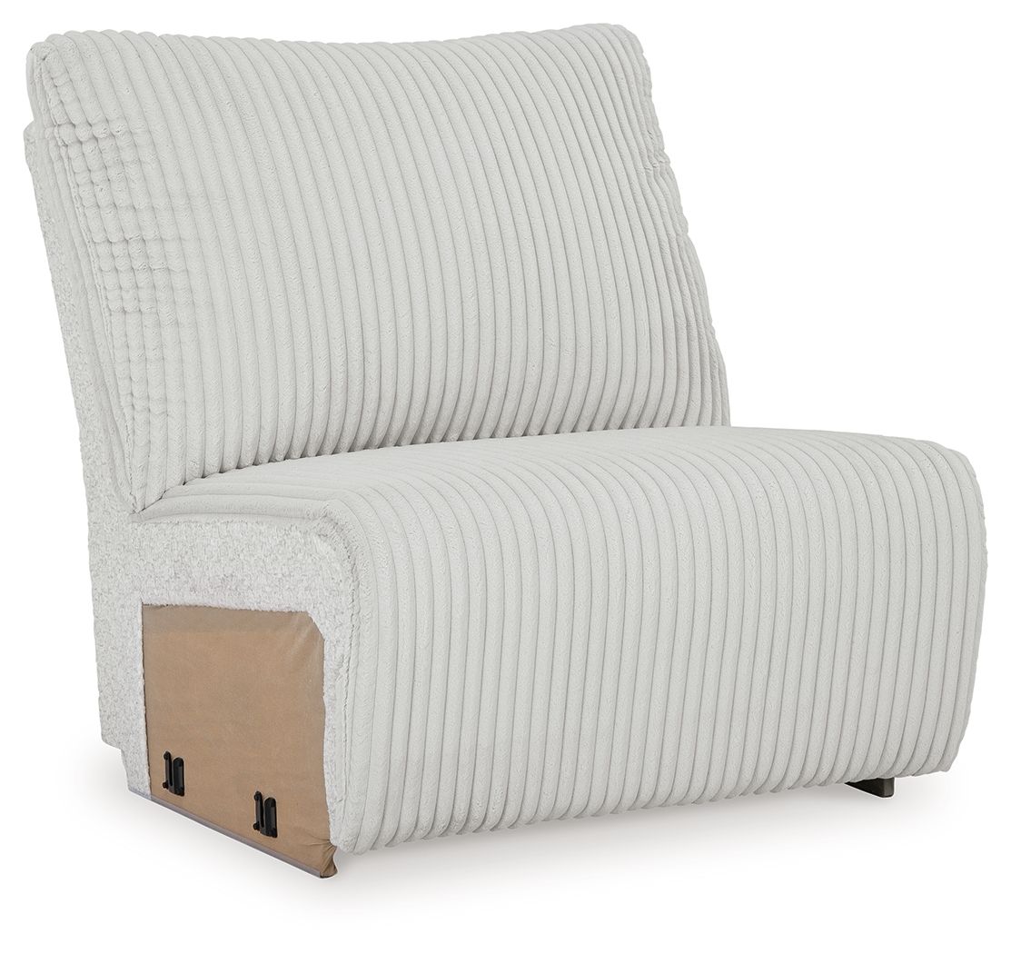 Armless accent chair with ribbed light gray fabric and thick back cushion