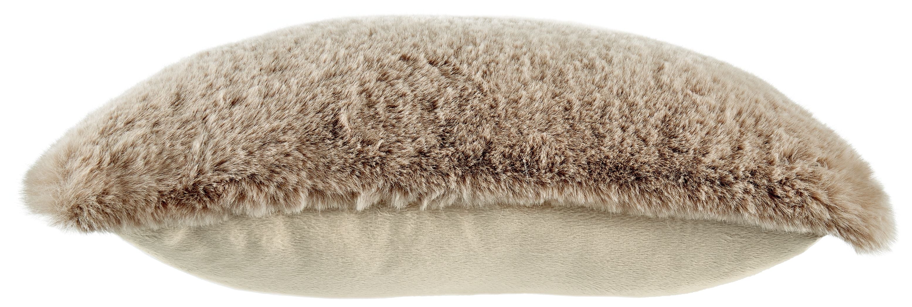 Tan faux fur pillow with light fabric backing, rounded edge profile.