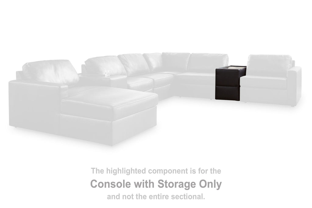 Light-colored sectional sofa with a highlighted console with storage component
