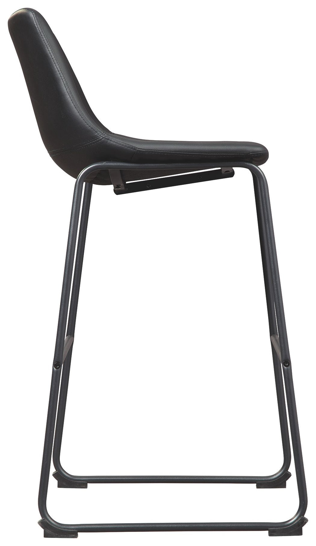 Upholstered bar stool with black seat, padded back, and black metal footrest frame