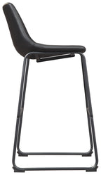 Upholstered bar stool with black seat, padded back, and black metal footrest frame