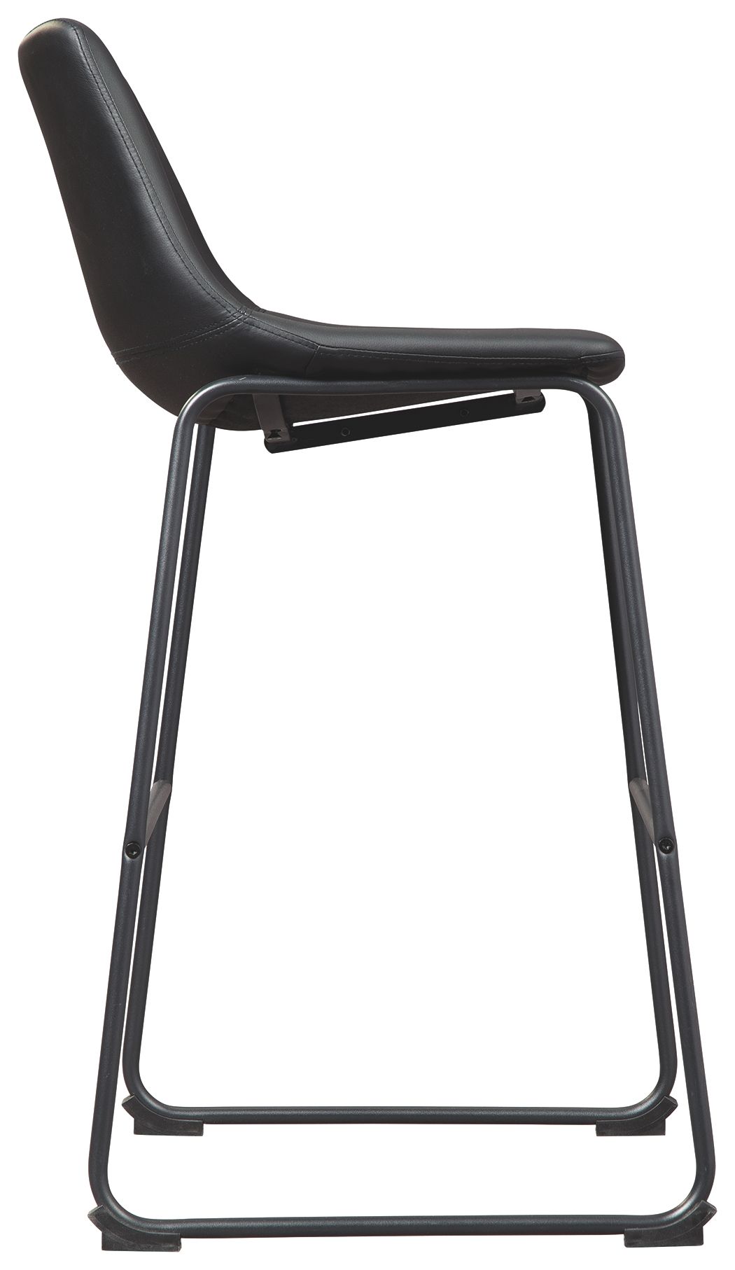 Upholstered bar stool with black seat, padded back, and black metal footrest frame