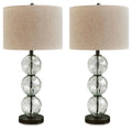 Set of 2 table lamps with beige fabric shades, clear stacked glass globe bases