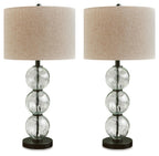 Set of 2 table lamps with beige fabric shades, clear stacked glass globe bases