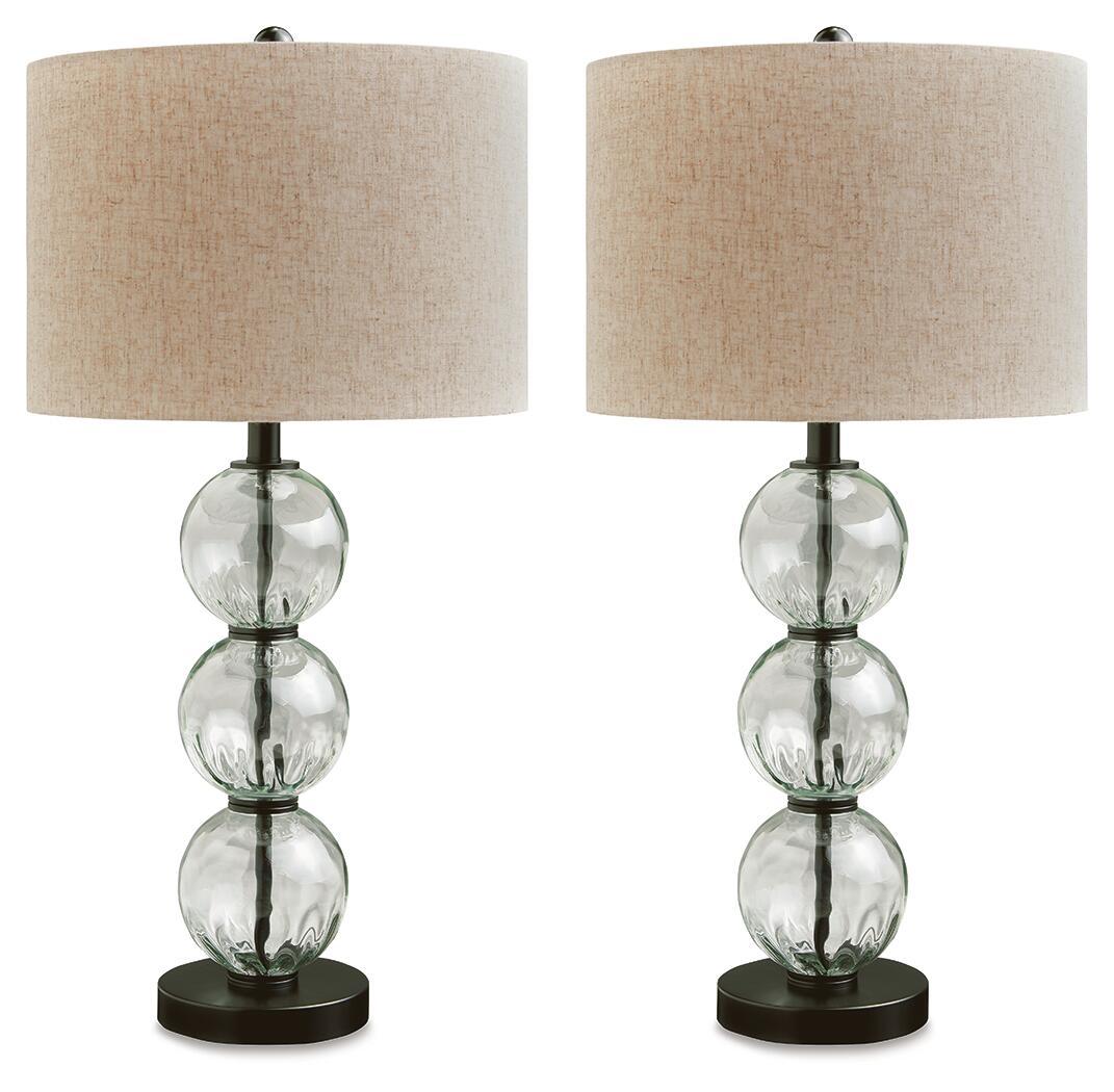 Set of 2 table lamps with beige fabric shades, clear stacked glass globe bases