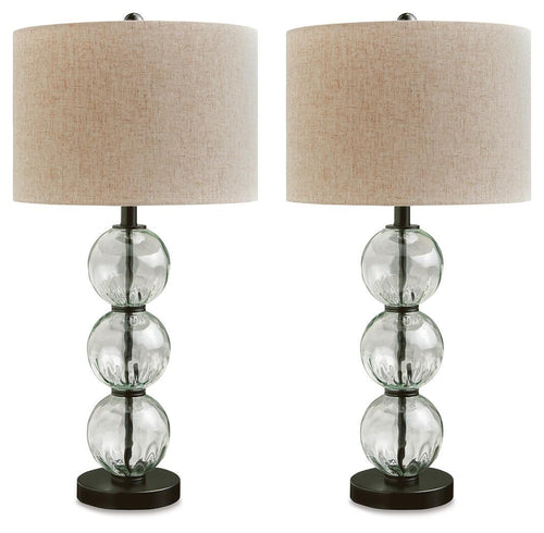 Set of 2 table lamps with beige fabric shades, clear stacked glass globe bases