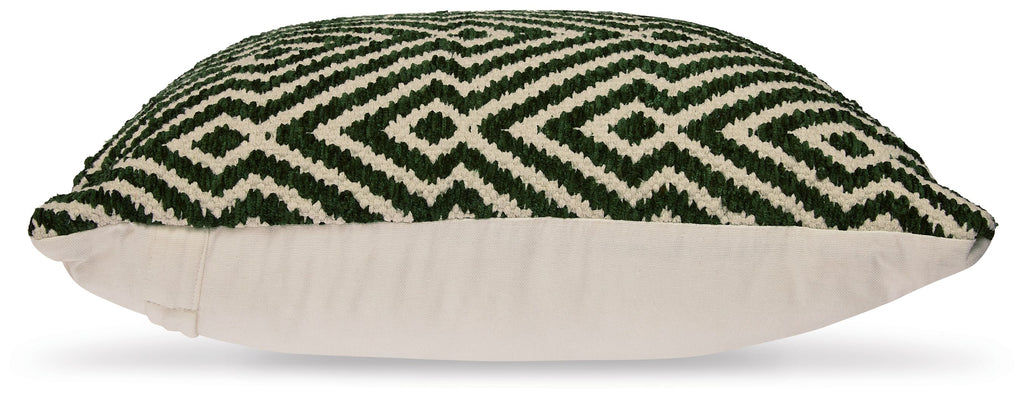 Digover green patterned pillow with cream backing and textured fabric