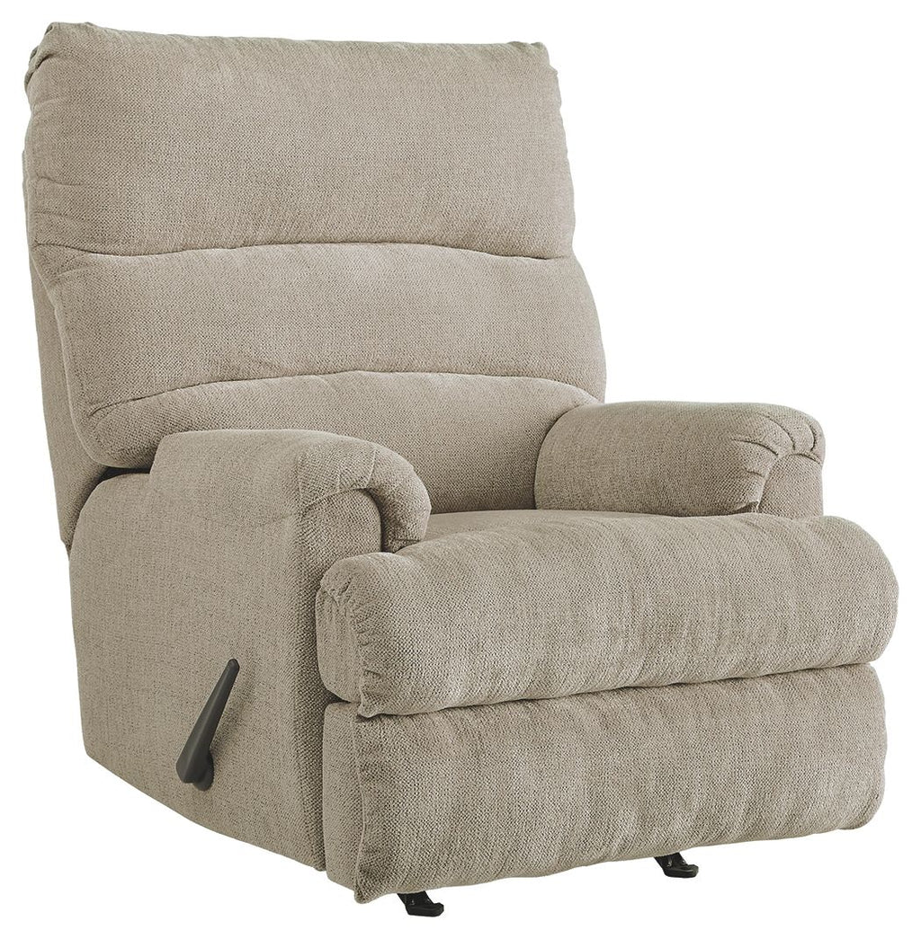 Dusk fabric rocking recliner chair with padded armrests and rounded backrest